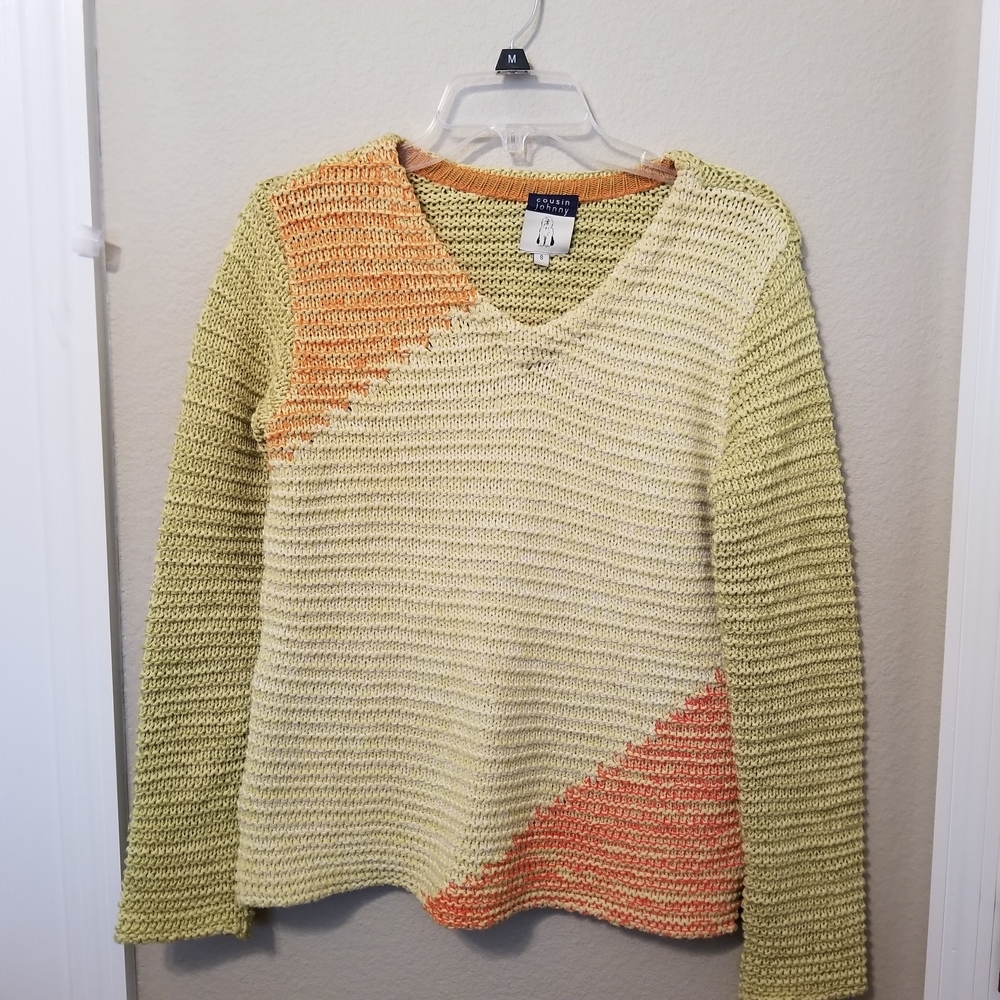 Cousin Johnny Knit Pullover Sweater Womens Small Green Orange Yellow Long Sleeve